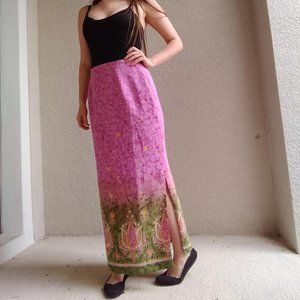 Vintage Textured Pink & Green Floral Maxi Dress